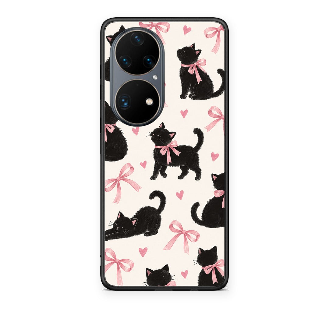 Θήκη Huawei P50 Pro Black Kittens and Pink Bows on Cream Large από τη Smartfits με σχέδιο στο πίσω μέρος και μαύρο περίβλημα | Huawei P50 Pro Black Kittens and Pink Bows on Cream Large case with colorful back and black bezels