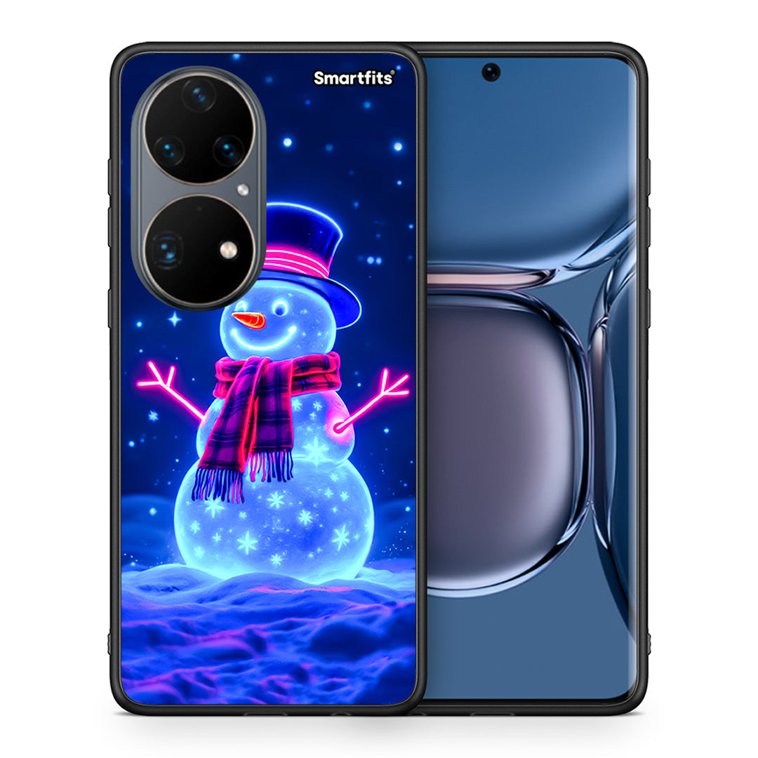 Θήκη Huawei P50 Pro Christmas Neon Snowman από τη Smartfits με σχέδιο στο πίσω μέρος και μαύρο περίβλημα | Huawei P50 Pro Christmas Neon Snowman case with colorful back and black bezels