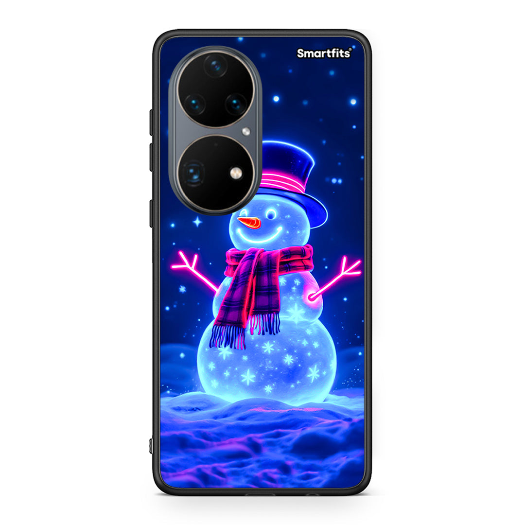 Huawei P50 Pro Christmas Neon Snowman θήκη από τη Smartfits με σχέδιο στο πίσω μέρος και μαύρο περίβλημα | Smartphone case with colorful back and black bezels by Smartfits