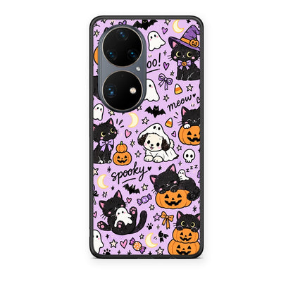 Θήκη Huawei P50 Pro Halloween Black Cats on Lilac από τη Smartfits με σχέδιο στο πίσω μέρος και μαύρο περίβλημα | Huawei P50 Pro Halloween Black Cats on Lilac case with colorful back and black bezels