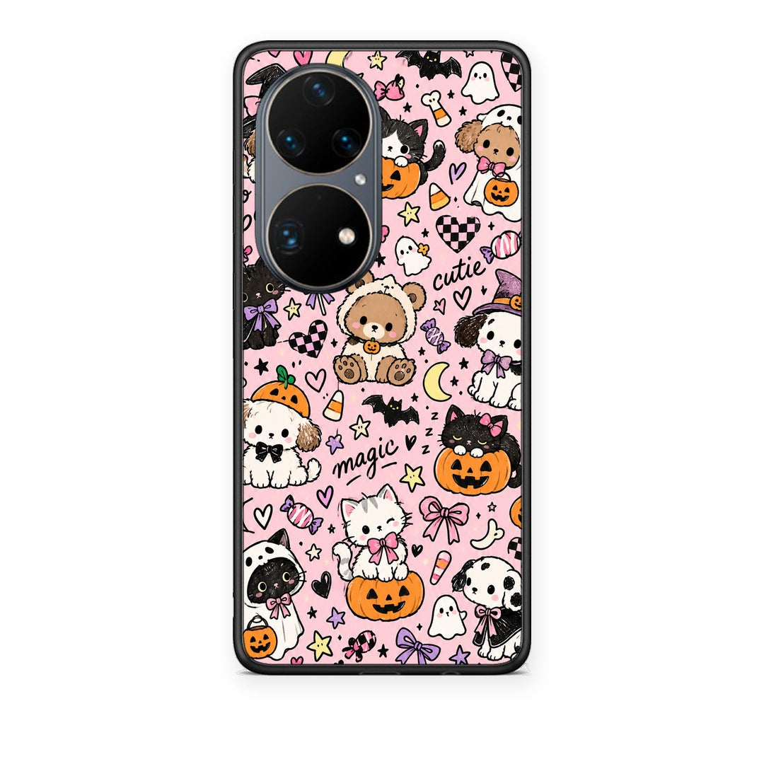 Θήκη Huawei P50 Pro Halloween Cute Animals on Pink από τη Smartfits με σχέδιο στο πίσω μέρος και μαύρο περίβλημα | Huawei P50 Pro Halloween Cute Animals on Pink case with colorful back and black bezels
