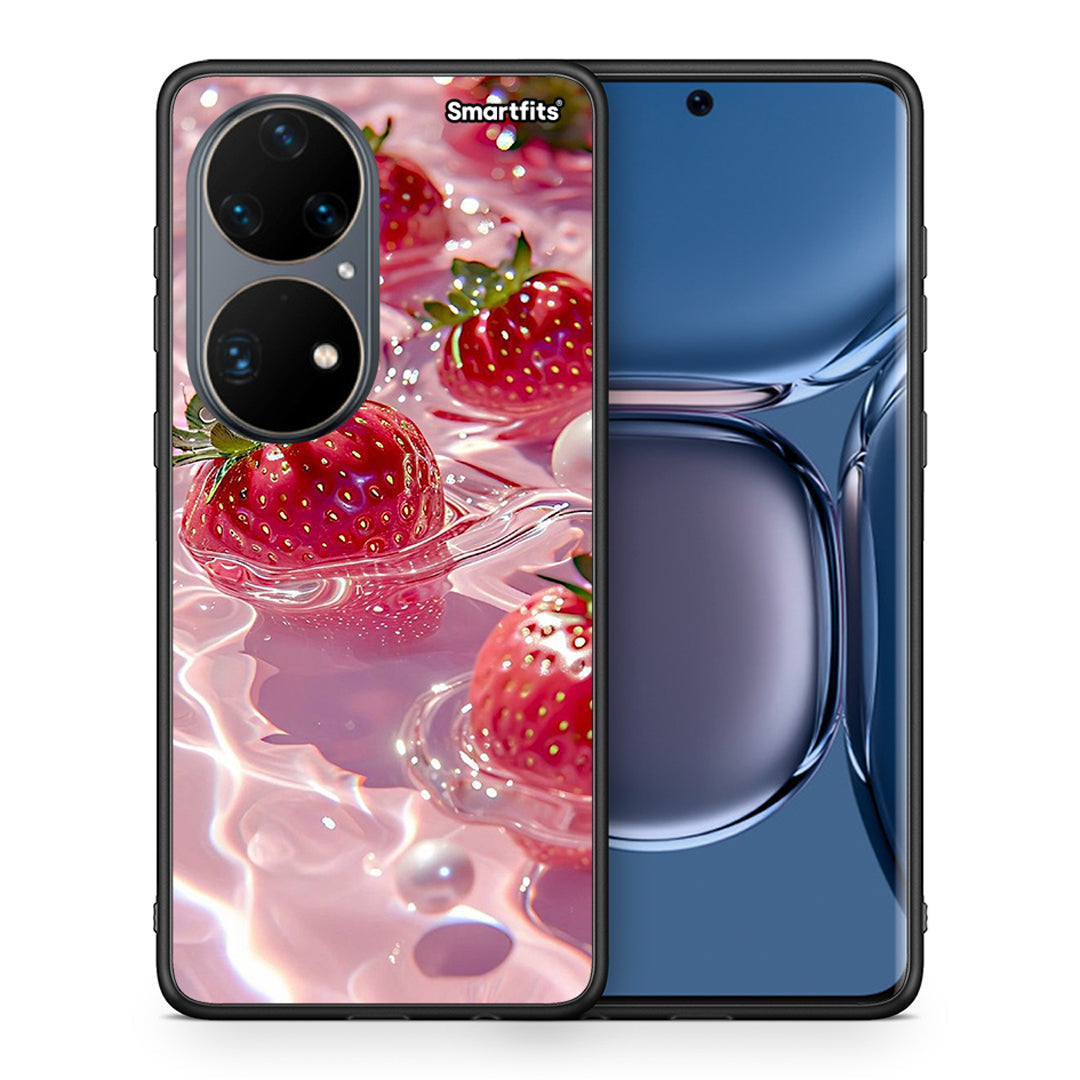Θήκη Huawei P50 Pro Juicy Strawberries από τη Smartfits με σχέδιο στο πίσω μέρος και μαύρο περίβλημα | Huawei P50 Pro Juicy Strawberries case with colorful back and black bezels