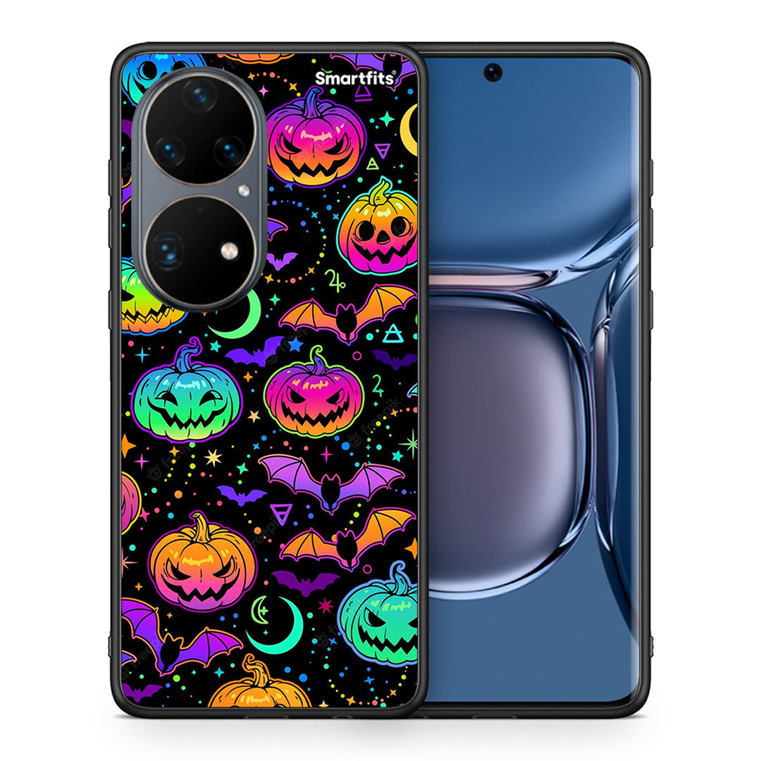 Θήκη Huawei P50 Pro Neon Halloween από τη Smartfits με σχέδιο στο πίσω μέρος και μαύρο περίβλημα | Huawei P50 Pro Neon Halloween case with colorful back and black bezels