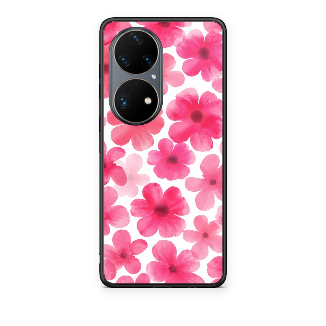 Θήκη Huawei P50 Pro Pink Watercolour Flowers on White από τη Smartfits με σχέδιο στο πίσω μέρος και μαύρο περίβλημα | Huawei P50 Pro Pink Watercolour Flowers on White case with colorful back and black bezels