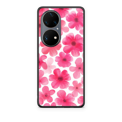 Θήκη Huawei P50 Pro Pink Watercolour Flowers on White από τη Smartfits με σχέδιο στο πίσω μέρος και μαύρο περίβλημα | Huawei P50 Pro Pink Watercolour Flowers on White case with colorful back and black bezels