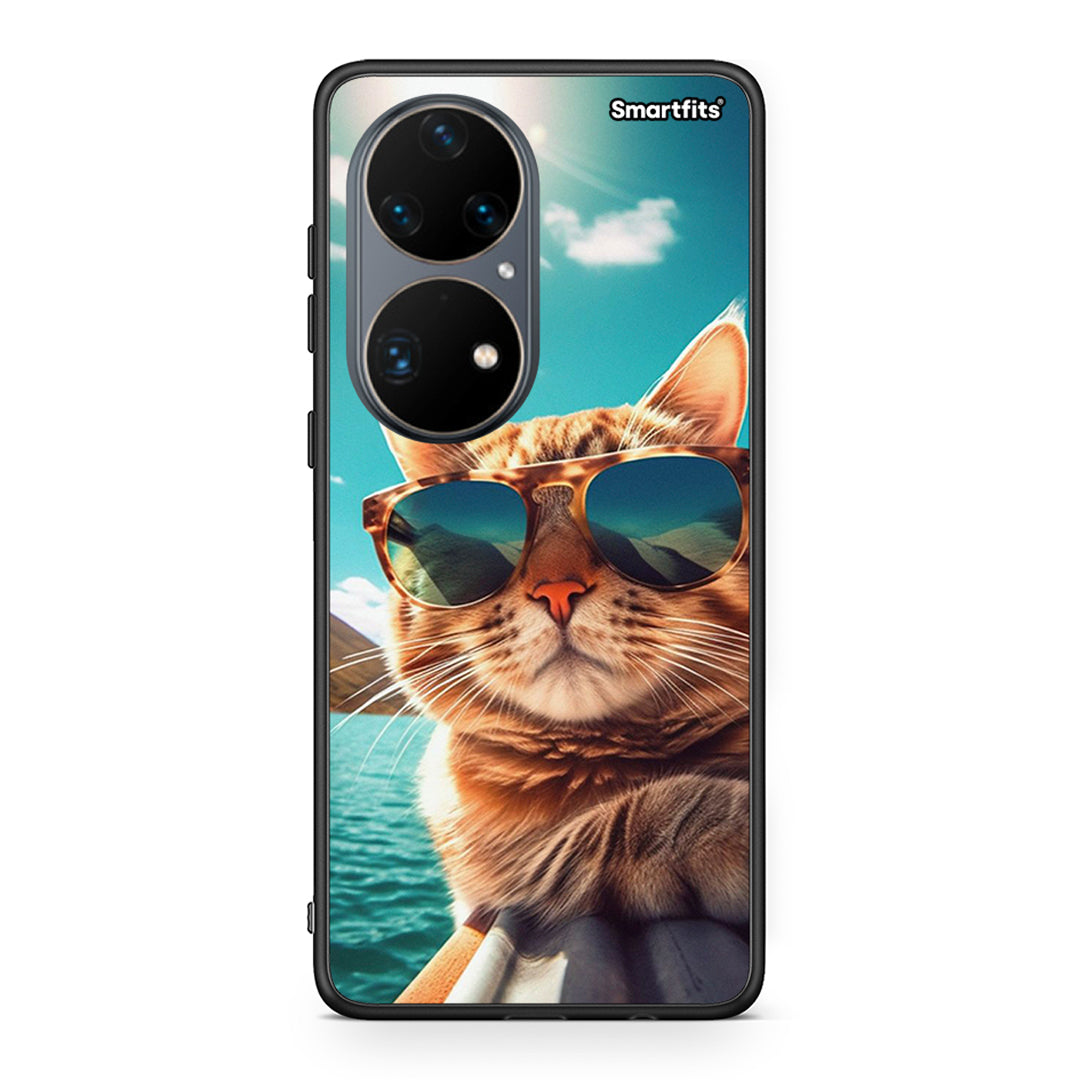 Huawei P50 Pro Summer Cat θήκη από τη Smartfits με σχέδιο στο πίσω μέρος και μαύρο περίβλημα | Smartphone case with colorful back and black bezels by Smartfits