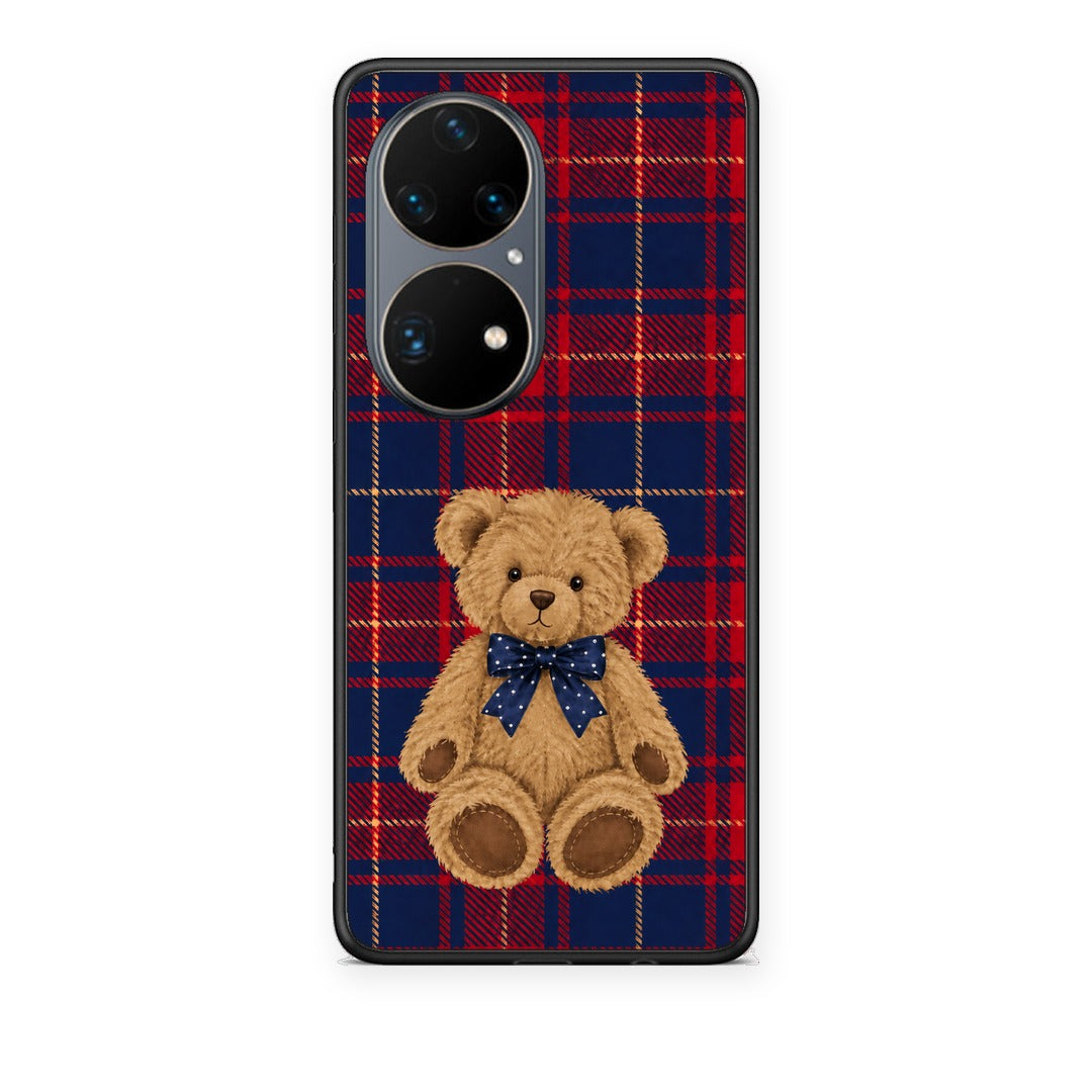 Θήκη Huawei P50 Pro Teddy Bear on Red and Navy Tartan από τη Smartfits με σχέδιο στο πίσω μέρος και μαύρο περίβλημα | Huawei P50 Pro Teddy Bear on Red and Navy Tartan case with colorful back and black bezels
