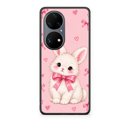Θήκη Huawei P50 Pro White Bunny and Pink Bows από τη Smartfits με σχέδιο στο πίσω μέρος και μαύρο περίβλημα | Huawei P50 Pro White Bunny and Pink Bows case with colorful back and black bezels