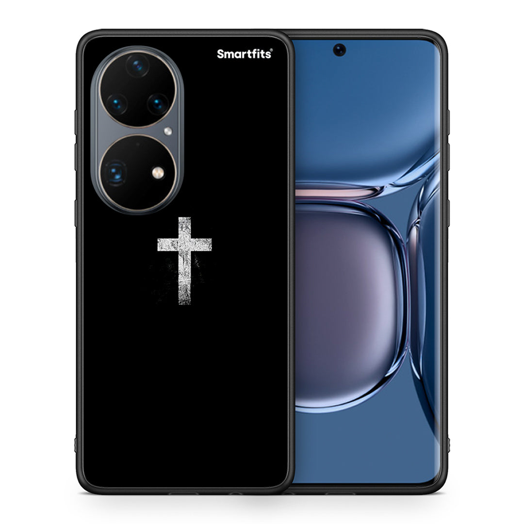 Θήκη Huawei P50 Pro White Cross από τη Smartfits με σχέδιο στο πίσω μέρος και μαύρο περίβλημα | Huawei P50 Pro White Cross case with colorful back and black bezels