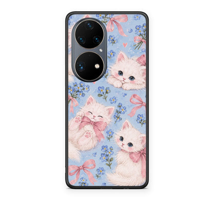 Θήκη Huawei P50 Pro White Kittens and Blue Flowers Large από τη Smartfits με σχέδιο στο πίσω μέρος και μαύρο περίβλημα | Huawei P50 Pro White Kittens and Blue Flowers Large case with colorful back and black bezels
