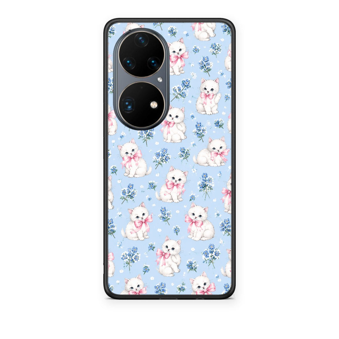 Θήκη Huawei P50 Pro White Kittens and Blue Flowers Small από τη Smartfits με σχέδιο στο πίσω μέρος και μαύρο περίβλημα | Huawei P50 Pro White Kittens and Blue Flowers Small case with colorful back and black bezels