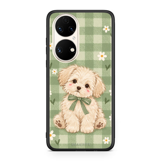 Θήκη Huawei P50 Puppy and Daisies on Sage Gingham από τη Smartfits με σχέδιο στο πίσω μέρος και μαύρο περίβλημα | Huawei P50 Puppy and Daisies on Sage Gingham case with colorful back and black bezels