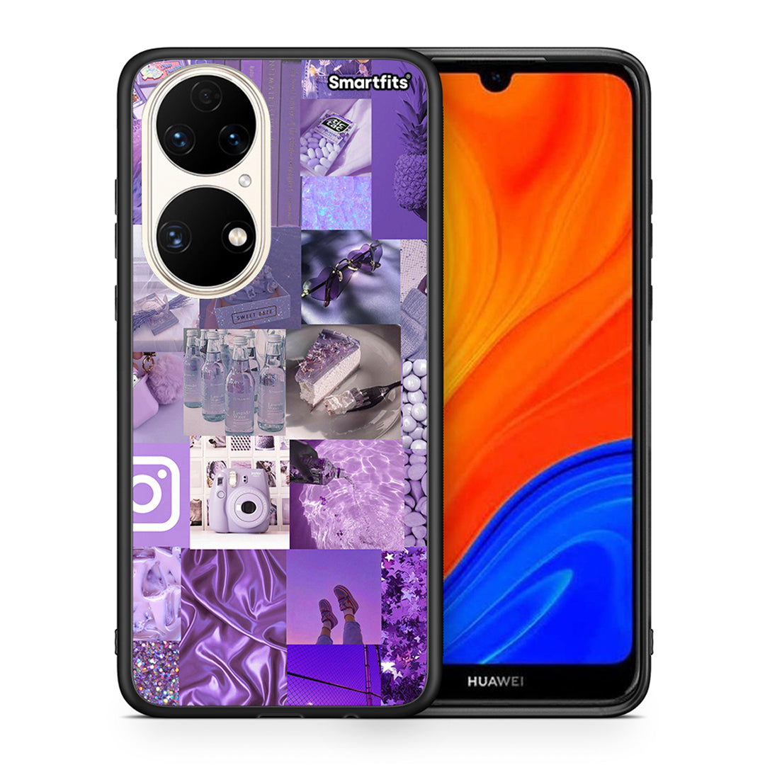 Θήκη Huawei P50 Purple Aesthetic Collage από τη Smartfits με σχέδιο στο πίσω μέρος και μαύρο περίβλημα | Huawei P50 Purple Aesthetic Collage case with colorful back and black bezels