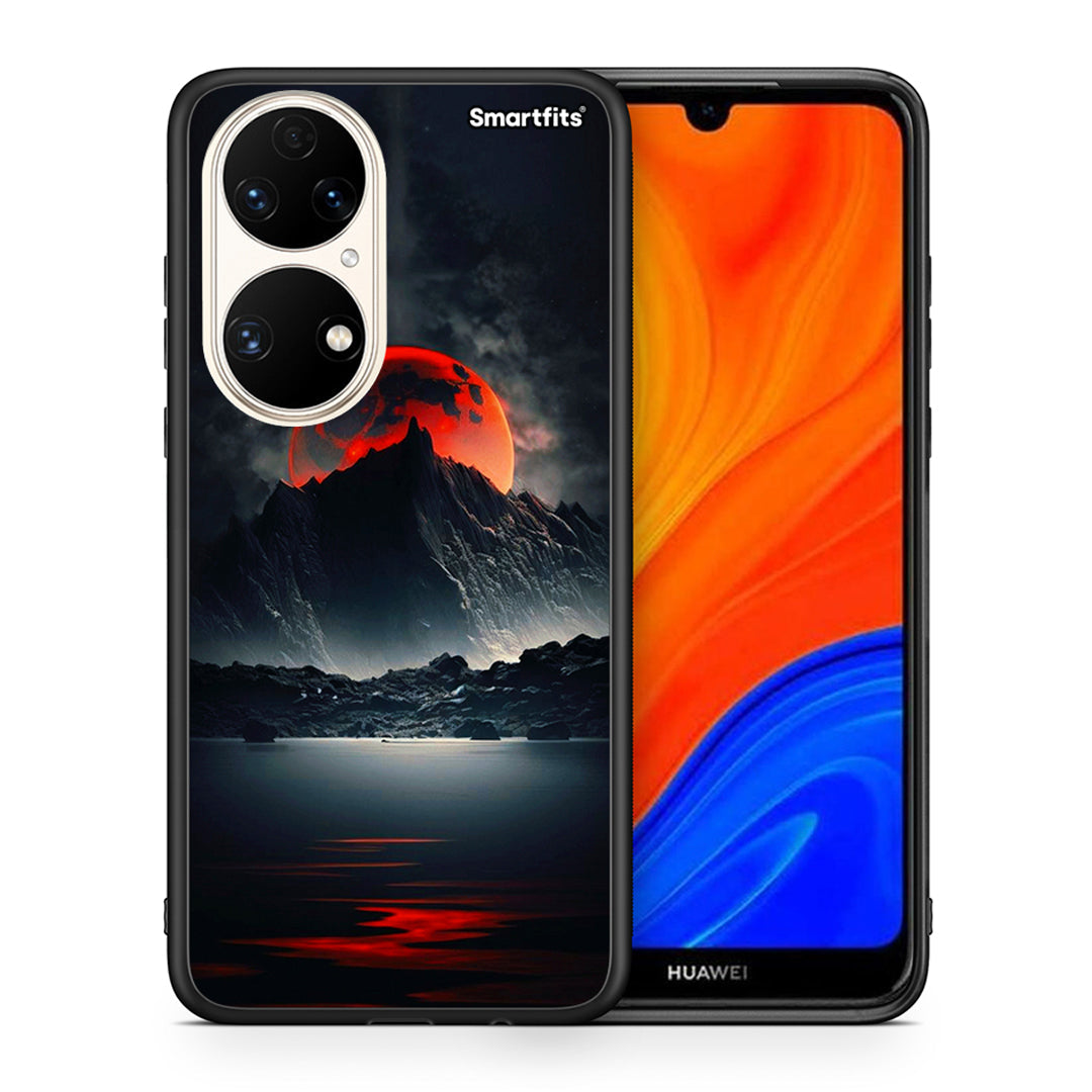 Θήκη Huawei P50 Red Full Moon από τη Smartfits με σχέδιο στο πίσω μέρος και μαύρο περίβλημα | Huawei P50 Red Full Moon case with colorful back and black bezels