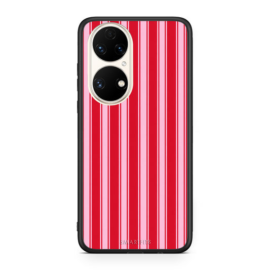 Θήκη Huawei P50 Red and Pink Vertical Pinstripes από τη Smartfits με σχέδιο στο πίσω μέρος και μαύρο περίβλημα | Huawei P50 Red and Pink Vertical Pinstripes case with colorful back and black bezels