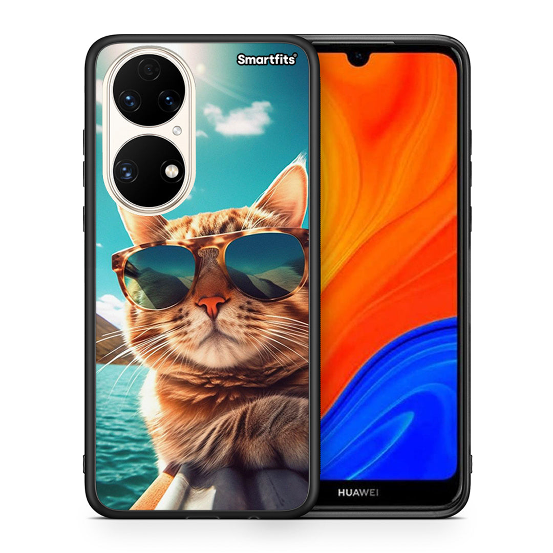 Θήκη Huawei P50 Summer Cat από τη Smartfits με σχέδιο στο πίσω μέρος και μαύρο περίβλημα | Huawei P50 Summer Cat case with colorful back and black bezels