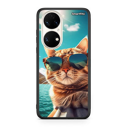 Huawei P50 Summer Cat θήκη από τη Smartfits με σχέδιο στο πίσω μέρος και μαύρο περίβλημα | Smartphone case with colorful back and black bezels by Smartfits