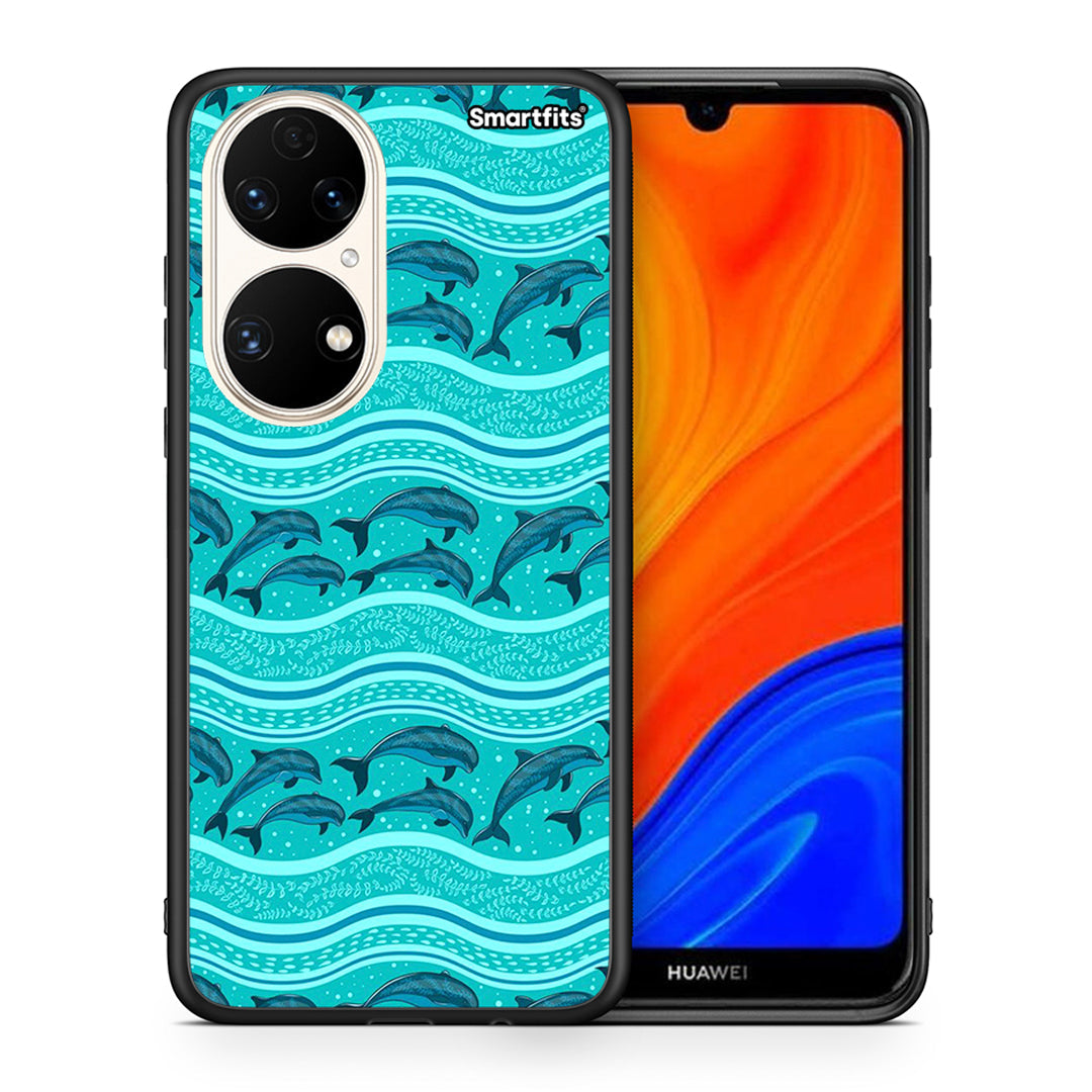 Θήκη Huawei P50 Swimming Dolphins από τη Smartfits με σχέδιο στο πίσω μέρος και μαύρο περίβλημα | Huawei P50 Swimming Dolphins case with colorful back and black bezels