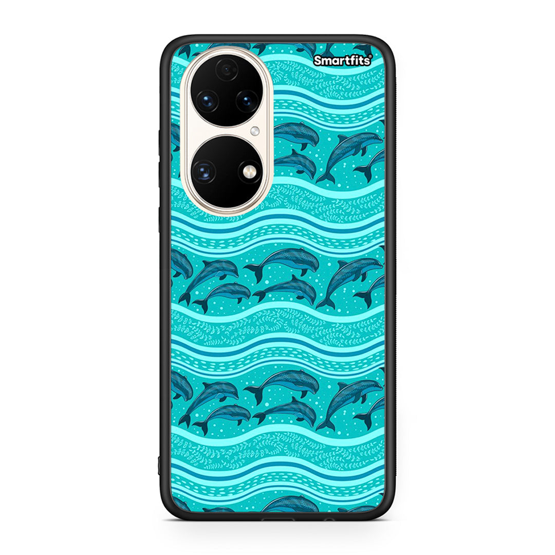 Huawei P50 Swimming Dolphins θήκη από τη Smartfits με σχέδιο στο πίσω μέρος και μαύρο περίβλημα | Smartphone case with colorful back and black bezels by Smartfits