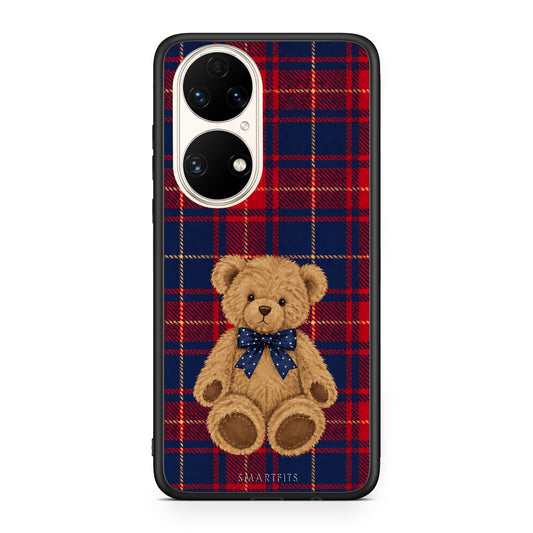 Θήκη Huawei P50 Teddy Bear on Red and Navy Tartan από τη Smartfits με σχέδιο στο πίσω μέρος και μαύρο περίβλημα | Huawei P50 Teddy Bear on Red and Navy Tartan case with colorful back and black bezels