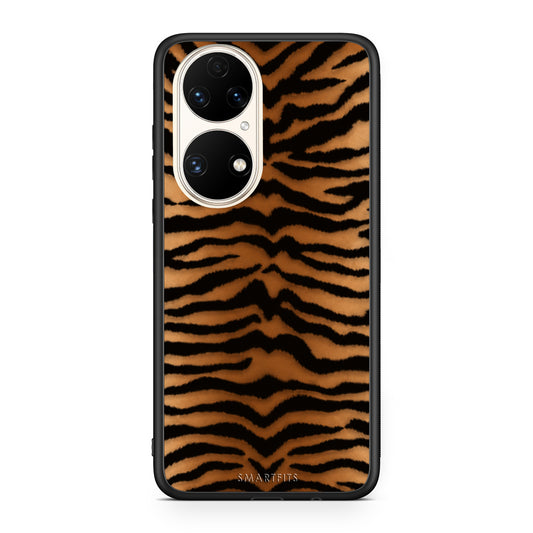 Θήκη Huawei P50 Tiger Print Orange and Black από τη Smartfits με σχέδιο στο πίσω μέρος και μαύρο περίβλημα | Huawei P50 Tiger Print Orange and Black case with colorful back and black bezels