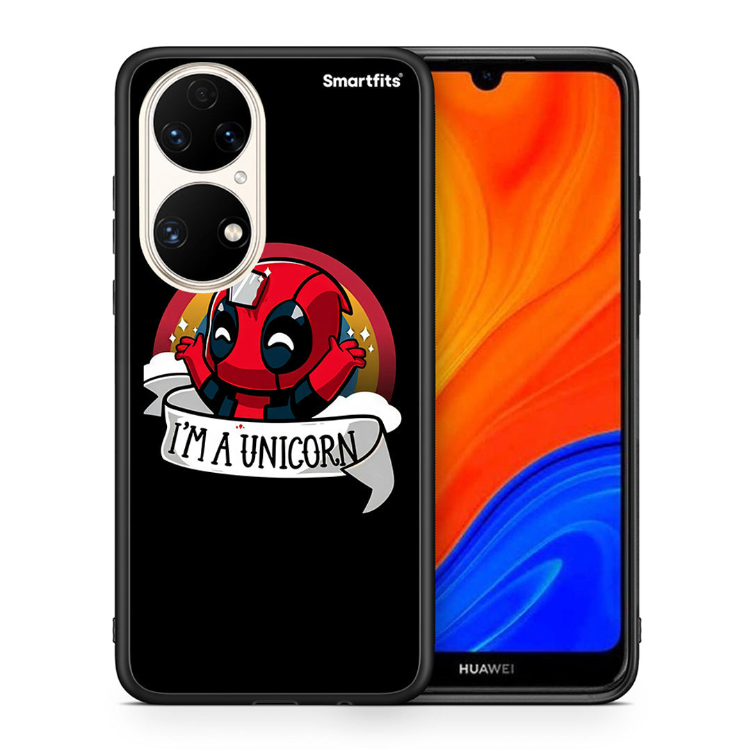 Θήκη Huawei P50 Unicorn Deadpool από τη Smartfits με σχέδιο στο πίσω μέρος και μαύρο περίβλημα | Huawei P50 Unicorn Deadpool case with colorful back and black bezels