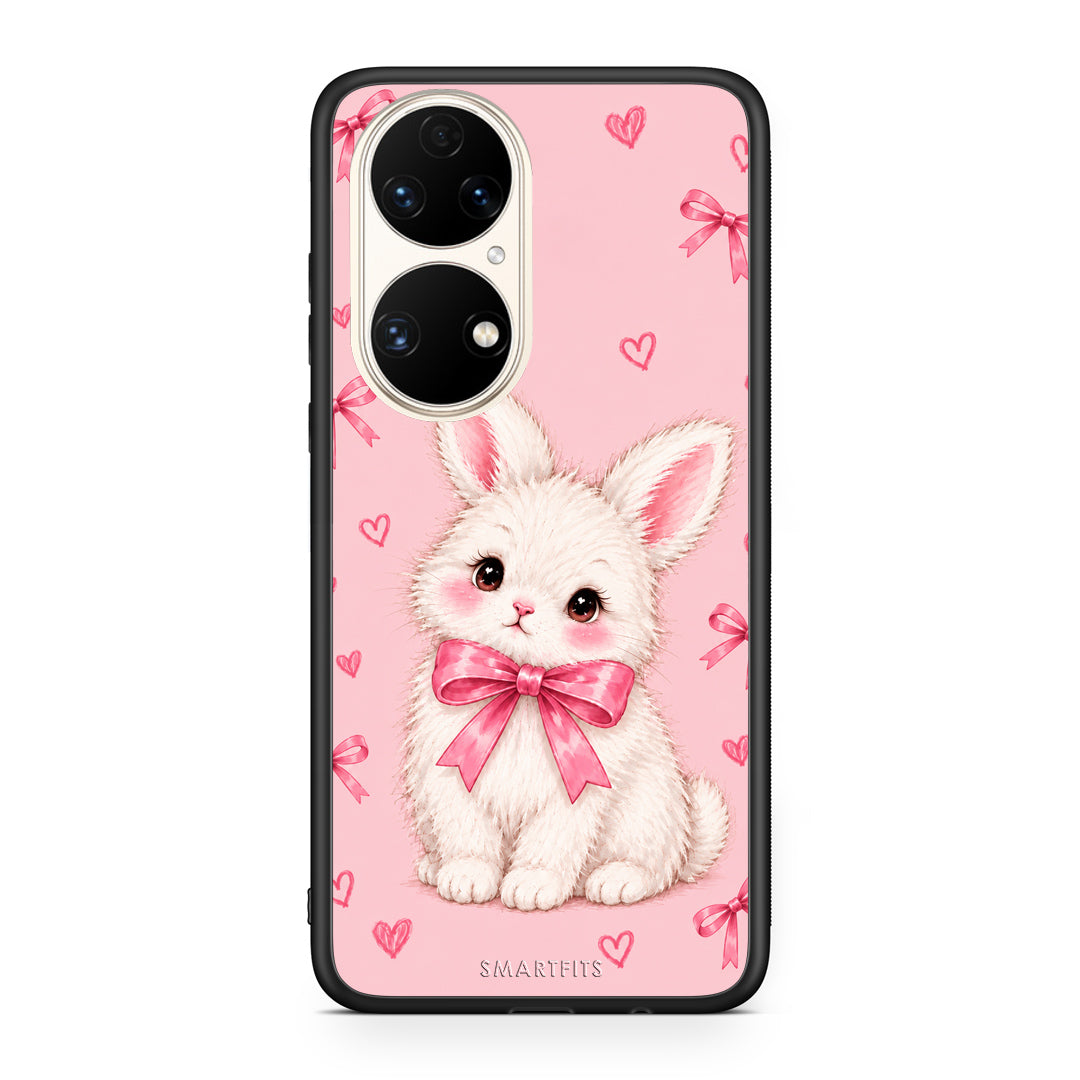 Θήκη Huawei P50 White Bunny and Pink Bows από τη Smartfits με σχέδιο στο πίσω μέρος και μαύρο περίβλημα | Huawei P50 White Bunny and Pink Bows case with colorful back and black bezels