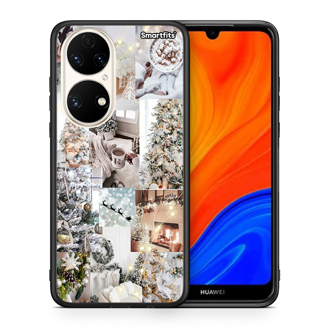 Θήκη Huawei P50 White Christmas από τη Smartfits με σχέδιο στο πίσω μέρος και μαύρο περίβλημα | Huawei P50 White Christmas case with colorful back and black bezels