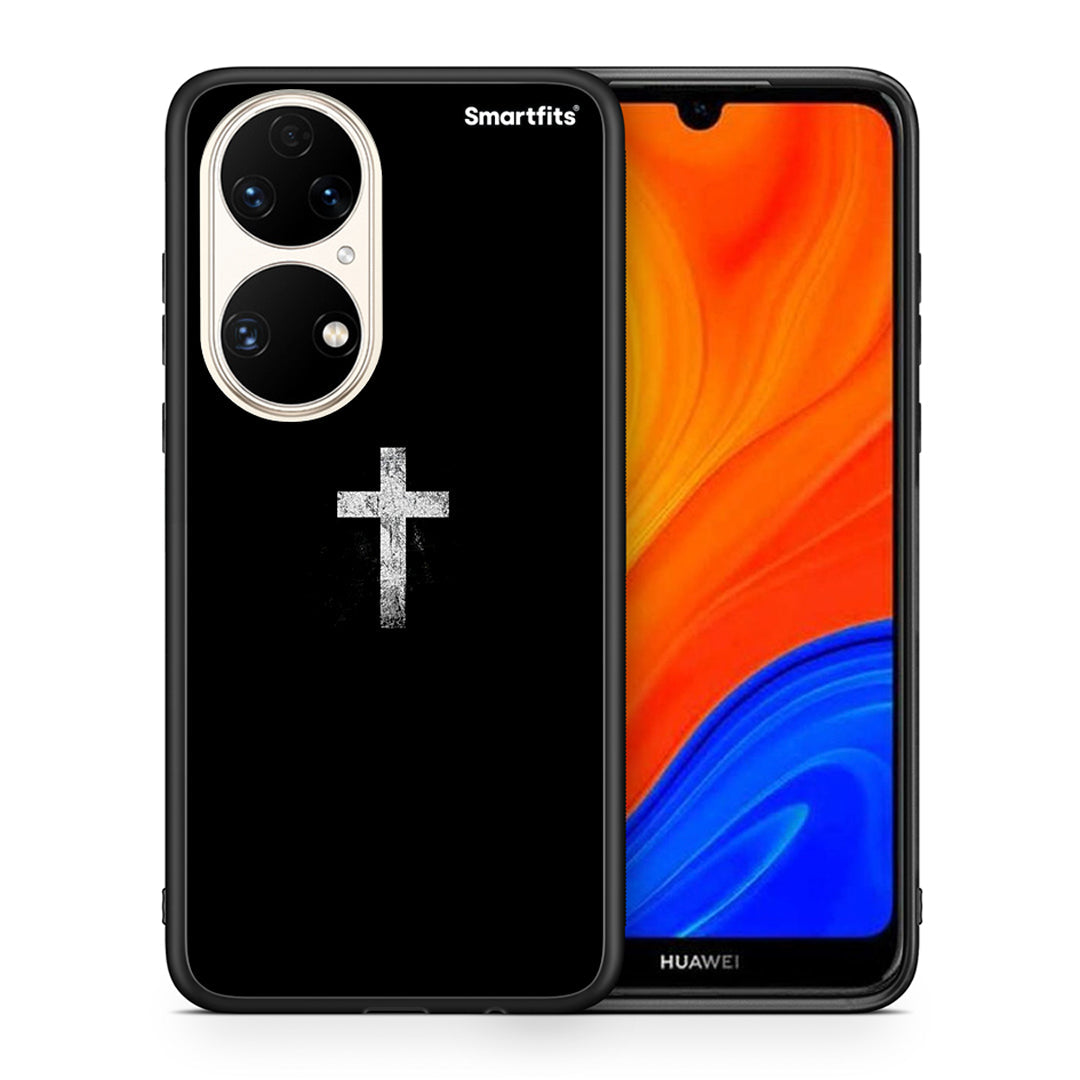 Θήκη Huawei P50 White Cross από τη Smartfits με σχέδιο στο πίσω μέρος και μαύρο περίβλημα | Huawei P50 White Cross case with colorful back and black bezels