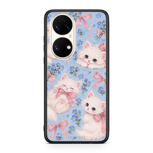 Θήκη Huawei P50 White Kittens and Blue Flowers Large από τη Smartfits με σχέδιο στο πίσω μέρος και μαύρο περίβλημα | Huawei P50 White Kittens and Blue Flowers Large case with colorful back and black bezels