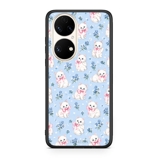 Θήκη Huawei P50 White Kittens and Blue Flowers Small από τη Smartfits με σχέδιο στο πίσω μέρος και μαύρο περίβλημα | Huawei P50 White Kittens and Blue Flowers Small case with colorful back and black bezels