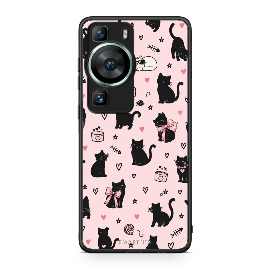 Θήκη Huawei P60 Black Cat Doodles on Pink από τη Smartfits με σχέδιο στο πίσω μέρος και μαύρο περίβλημα | Huawei P60 Black Cat Doodles on Pink case with colorful back and black bezels