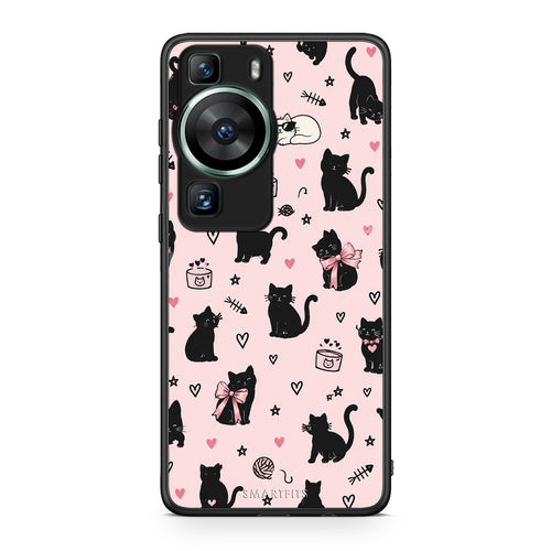 Θήκη Huawei P60 Black Cat Doodles on Pink από τη Smartfits με σχέδιο στο πίσω μέρος και μαύρο περίβλημα | Huawei P60 Black Cat Doodles on Pink case with colorful back and black bezels