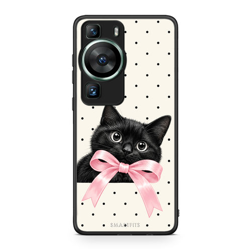 Θήκη Huawei P60 Black Kitten Pink Bow and Polka Dots από τη Smartfits με σχέδιο στο πίσω μέρος και μαύρο περίβλημα | Huawei P60 Black Kitten Pink Bow and Polka Dots case with colorful back and black bezels