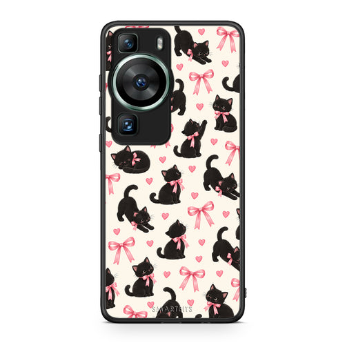 Θήκη Huawei P60 Black Kittens and Pink Bows on Cream Small από τη Smartfits με σχέδιο στο πίσω μέρος και μαύρο περίβλημα | Huawei P60 Black Kittens and Pink Bows on Cream Small case with colorful back and black bezels