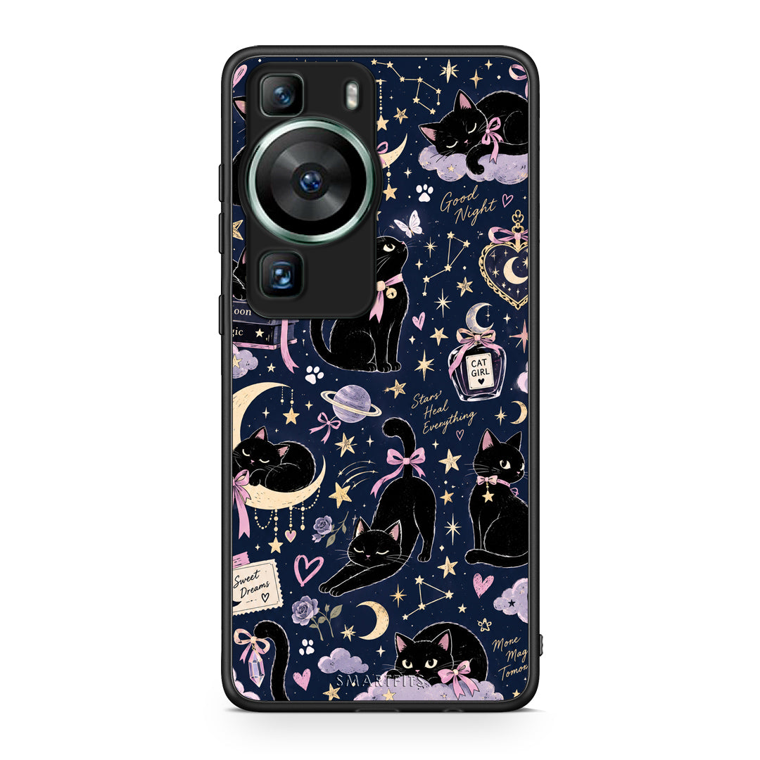 Θήκη Huawei P60 Celestial Black Cats on Navy από τη Smartfits με σχέδιο στο πίσω μέρος και μαύρο περίβλημα | Huawei P60 Celestial Black Cats on Navy case with colorful back and black bezels