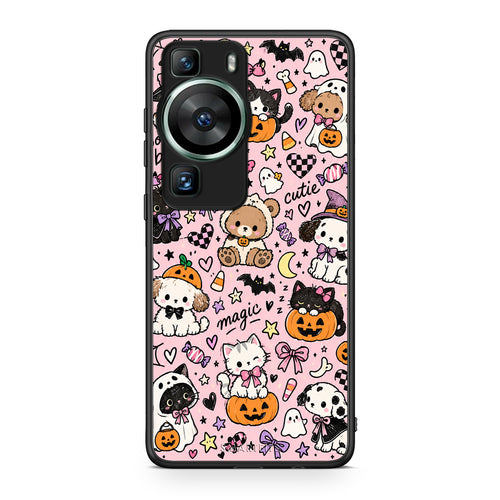 Θήκη Huawei P60 Halloween Cute Animals on Pink από τη Smartfits με σχέδιο στο πίσω μέρος και μαύρο περίβλημα | Huawei P60 Halloween Cute Animals on Pink case with colorful back and black bezels