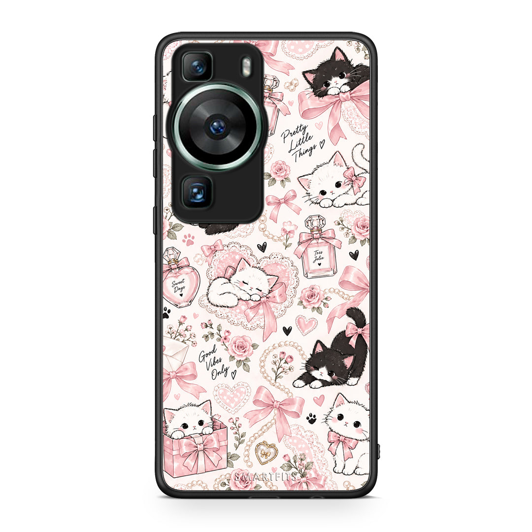 Θήκη Huawei P60 Pink Bows and Kittens Collage από τη Smartfits με σχέδιο στο πίσω μέρος και μαύρο περίβλημα | Huawei P60 Pink Bows and Kittens Collage case with colorful back and black bezels