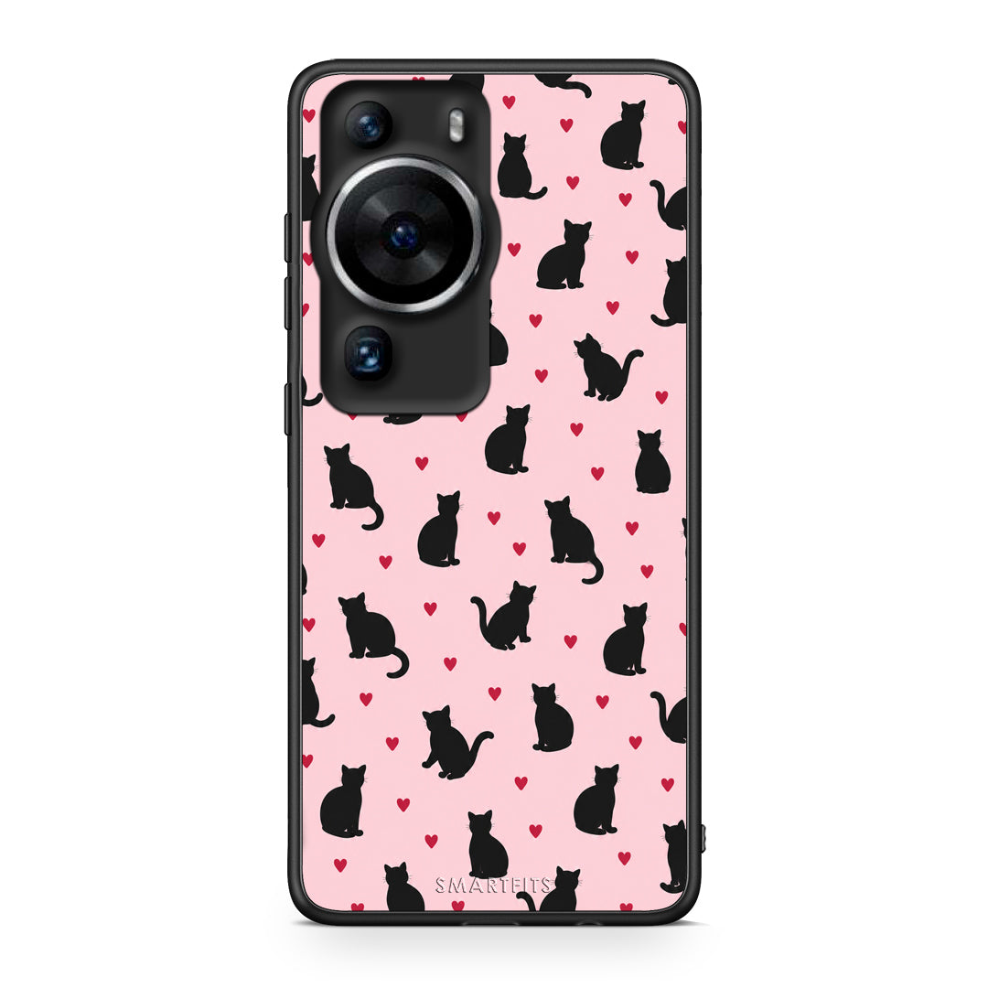 Θήκη Huawei P60 Pro Black Cat Silhouettes and Hearts on Pink από τη Smartfits με σχέδιο στο πίσω μέρος και μαύρο περίβλημα | Huawei P60 Pro Black Cat Silhouettes and Hearts on Pink case with colorful back and black bezels