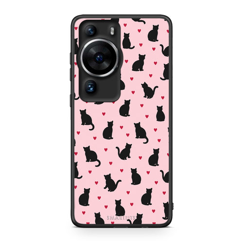 Θήκη Huawei P60 Pro Black Cat Silhouettes and Hearts on Pink από τη Smartfits με σχέδιο στο πίσω μέρος και μαύρο περίβλημα | Huawei P60 Pro Black Cat Silhouettes and Hearts on Pink case with colorful back and black bezels