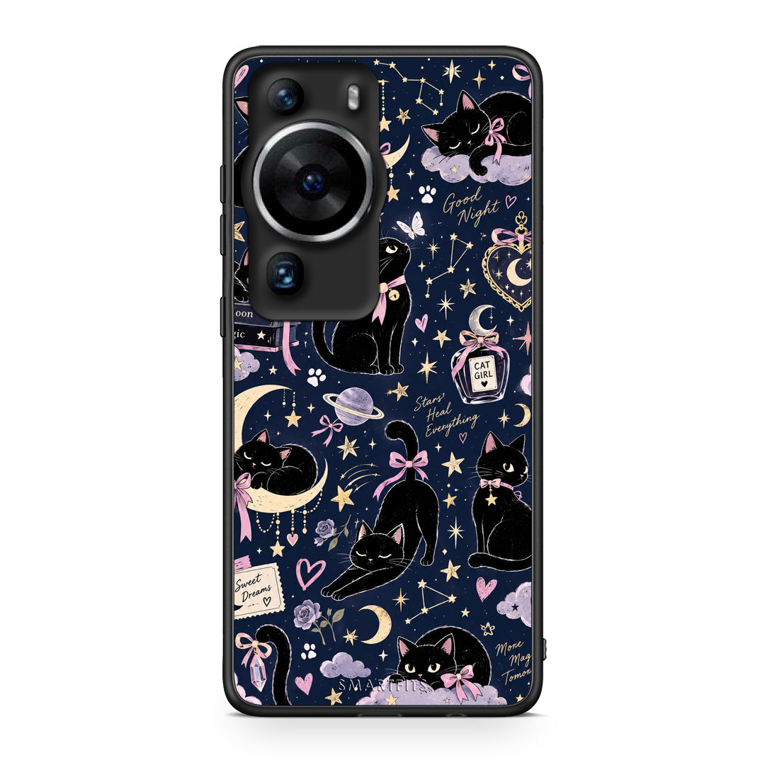 Θήκη Huawei P60 Pro Celestial Black Cats on Navy από τη Smartfits με σχέδιο στο πίσω μέρος και μαύρο περίβλημα | Huawei P60 Pro Celestial Black Cats on Navy case with colorful back and black bezels
