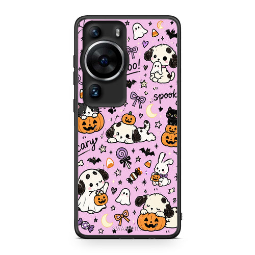 Θήκη Huawei P60 Pro Halloween Puppies and Friends on Lilac από τη Smartfits με σχέδιο στο πίσω μέρος και μαύρο περίβλημα | Huawei P60 Pro Halloween Puppies and Friends on Lilac case with colorful back and black bezels