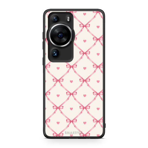 Θήκη Huawei P60 Pro Pink Bow Lattice and Hearts on Cream από τη Smartfits με σχέδιο στο πίσω μέρος και μαύρο περίβλημα | Huawei P60 Pro Pink Bow Lattice and Hearts on Cream case with colorful back and black bezels