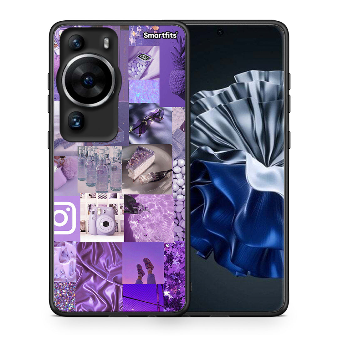 Θήκη Huawei P60 Pro Purple Aesthetic Collage από τη Smartfits με σχέδιο στο πίσω μέρος και μαύρο περίβλημα | Huawei P60 Pro Purple Aesthetic Collage Case with Colorful Back and Black Bezels