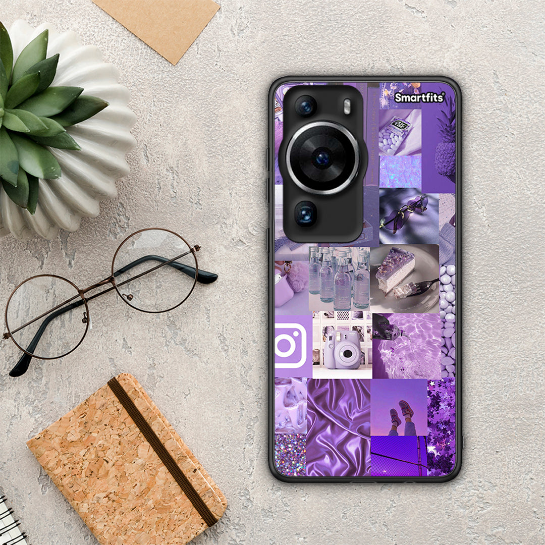 Θήκη Huawei P60 Pro Purple Aesthetic Collage από τη Smartfits με σχέδιο στο πίσω μέρος και μαύρο περίβλημα | Huawei P60 Pro Purple Aesthetic Collage Case with Colorful Back and Black Bezels