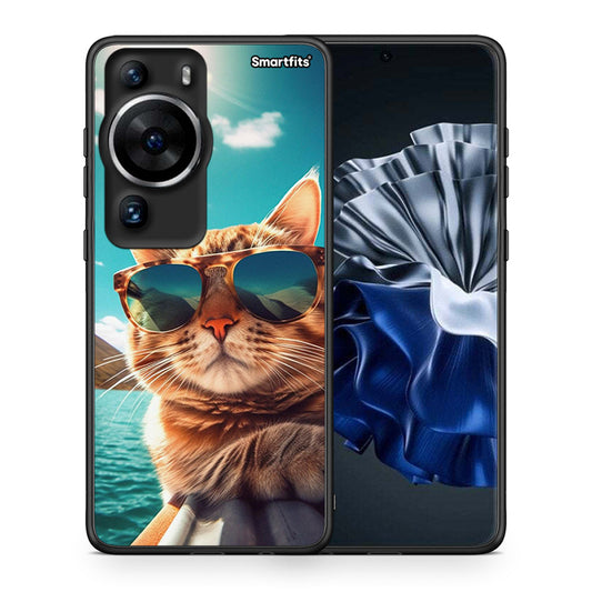 Θήκη Huawei P60 Pro Summer Cat από τη Smartfits με σχέδιο στο πίσω μέρος και μαύρο περίβλημα | Huawei P60 Pro Summer Cat Case with Colorful Back and Black Bezels
