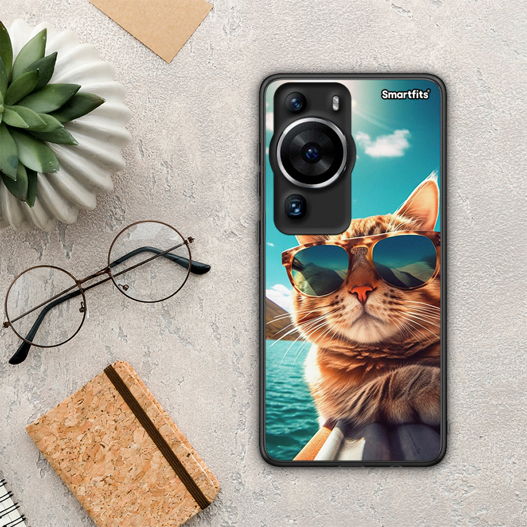 Θήκη Huawei P60 Pro Summer Cat από τη Smartfits με σχέδιο στο πίσω μέρος και μαύρο περίβλημα | Huawei P60 Pro Summer Cat Case with Colorful Back and Black Bezels