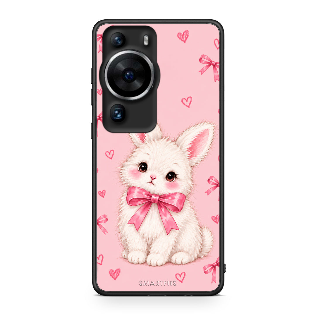 Θήκη Huawei P60 Pro White Bunny and Pink Bows από τη Smartfits με σχέδιο στο πίσω μέρος και μαύρο περίβλημα | Huawei P60 Pro White Bunny and Pink Bows case with colorful back and black bezels