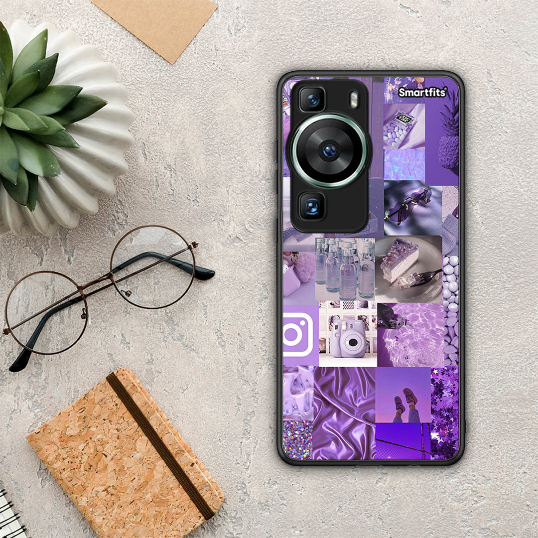 Θήκη Huawei P60 Purple Aesthetic Collage από τη Smartfits με σχέδιο στο πίσω μέρος και μαύρο περίβλημα | Huawei P60 Purple Aesthetic Collage Case with Colorful Back and Black Bezels