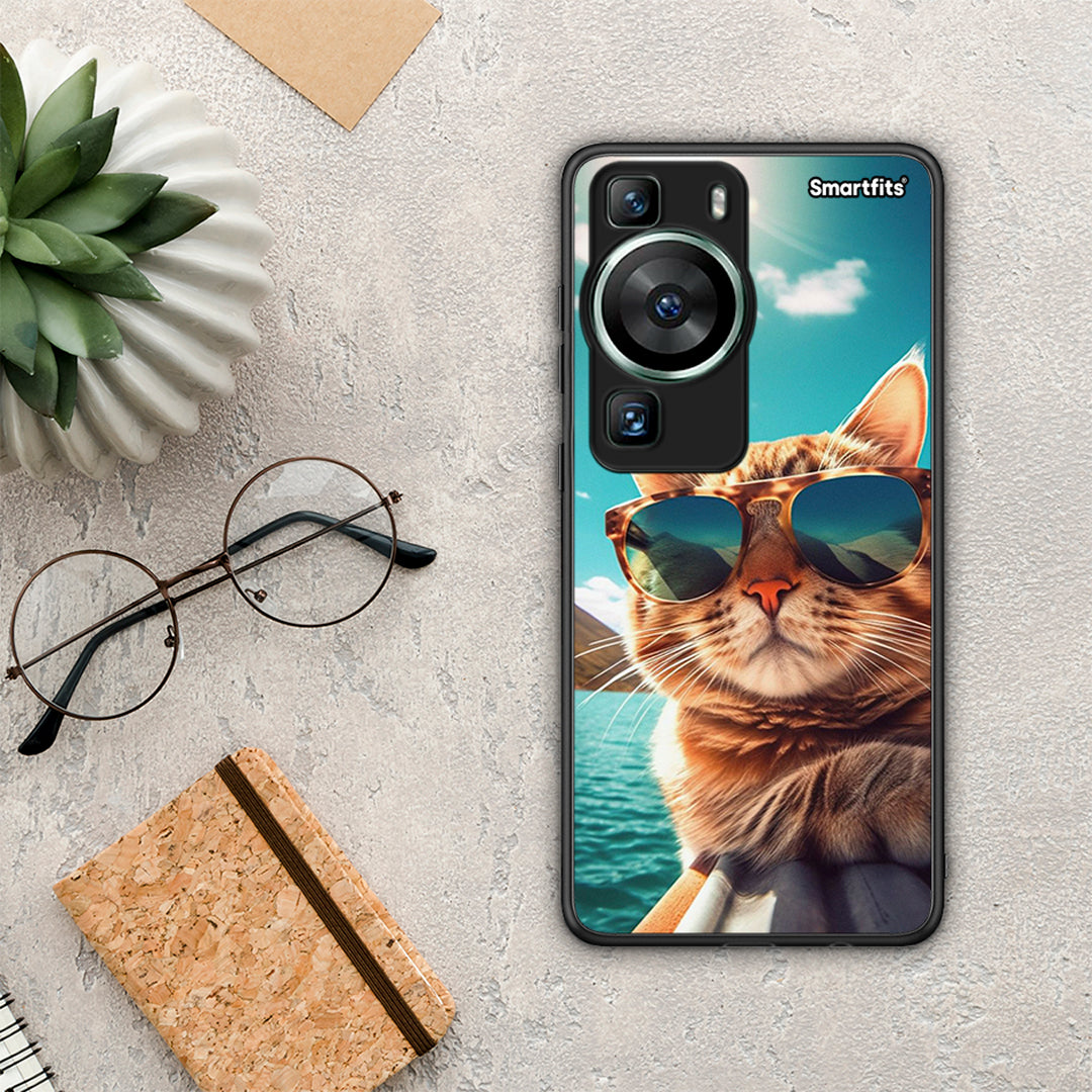 Θήκη Huawei P60 Summer Cat από τη Smartfits με σχέδιο στο πίσω μέρος και μαύρο περίβλημα | Huawei P60 Summer Cat Case with Colorful Back and Black Bezels